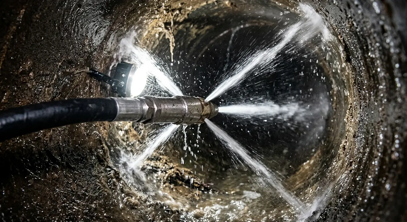 High-pressure hydro jetting nozzle cleaning sewer pipe for Emergency Drain Service in Ponca City