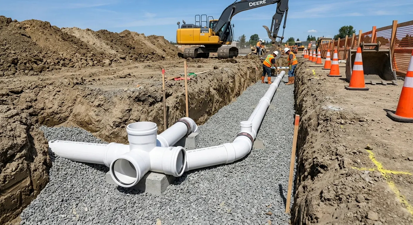 New PVC sewer pipe installation in open trench for Grease Trap Cleaning in Ponca City