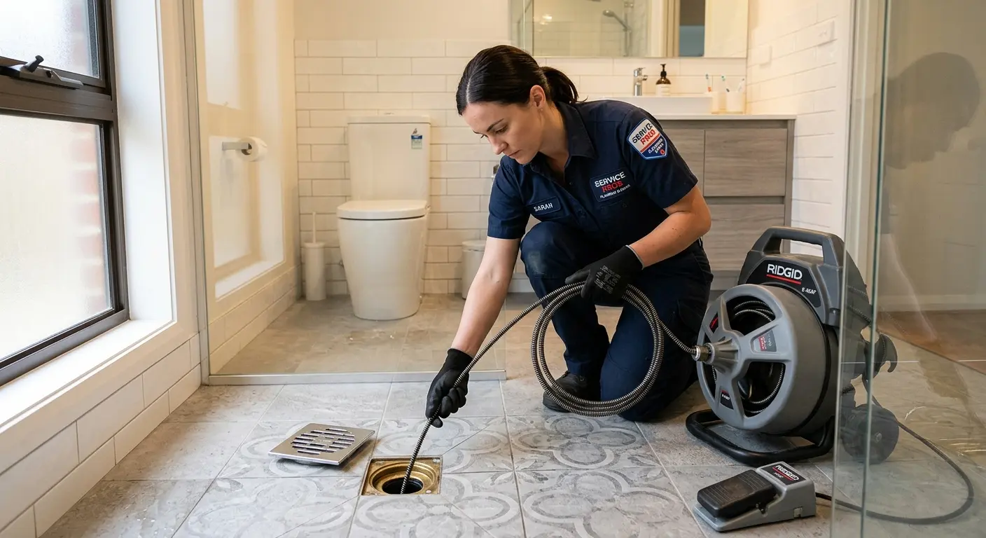 Technician clearing a bathroom floor drain for Sewer Line Installation in Ponca City